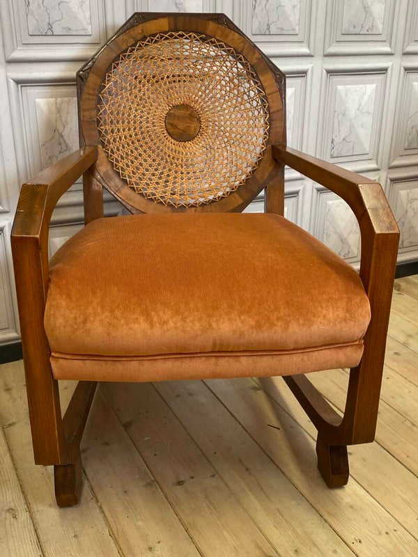 Art Deco Caned Upholstered Armchair