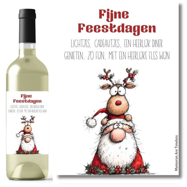 Wijnetiket | Fijne Feestdagen | Rendier | Kerstman