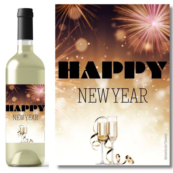 Wijnetiket Happy New Year | Goud En Zwart | Luxe Nieuwjaarscadeau
