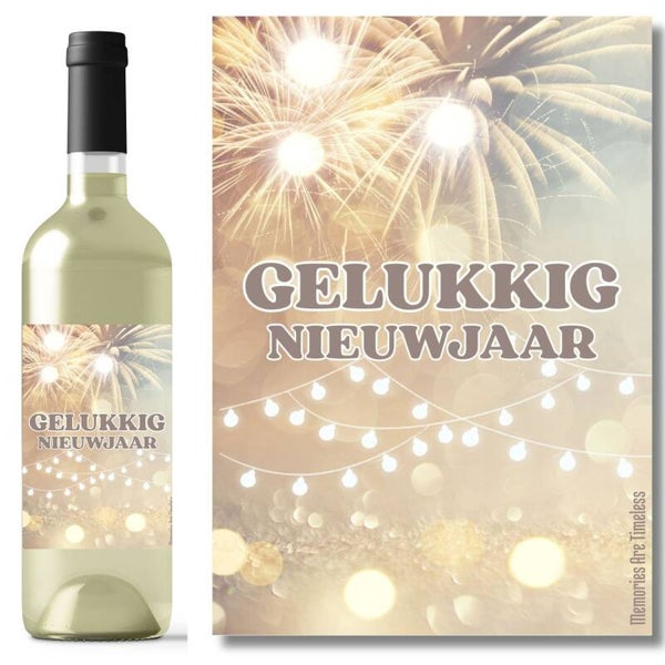 Wijnetiket Gelukkig Nieuwjaar | Goudkleurig | Feestelijk Cadeau | Vuurwerk