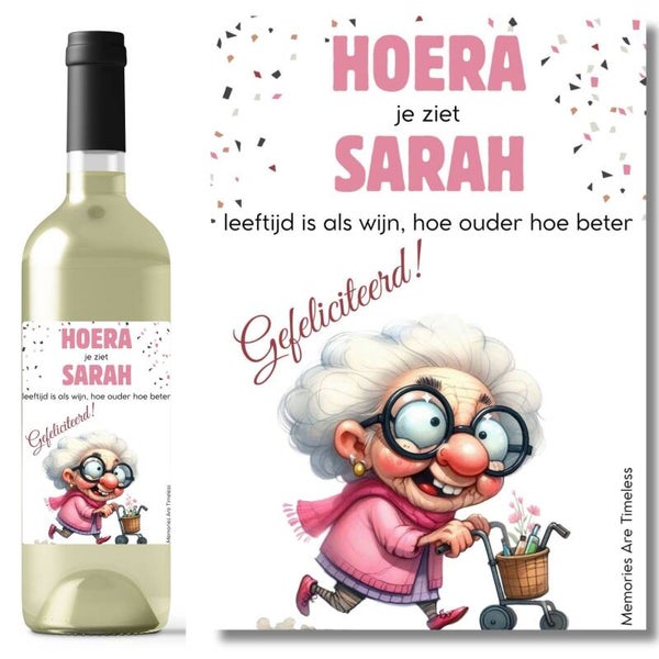 Wijnetiket | Hoera Sarah | Oud vrouwtje