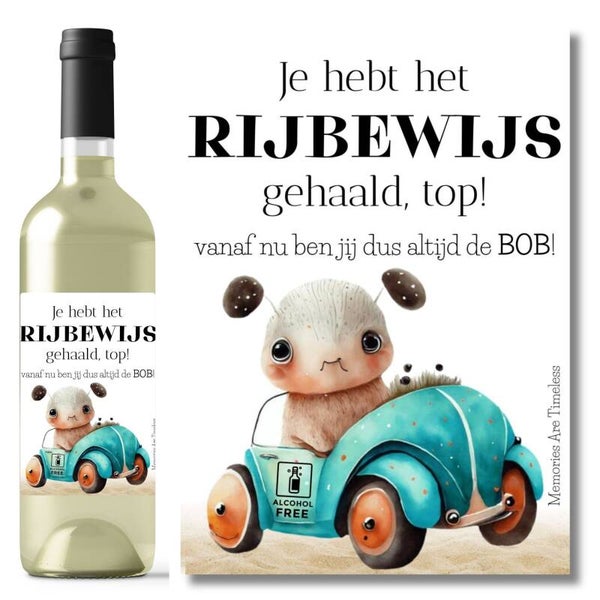 Wijnetiket Rijbewijs – Grappig Beestje - Top! Vanaf nu ben jij altijd de BOB