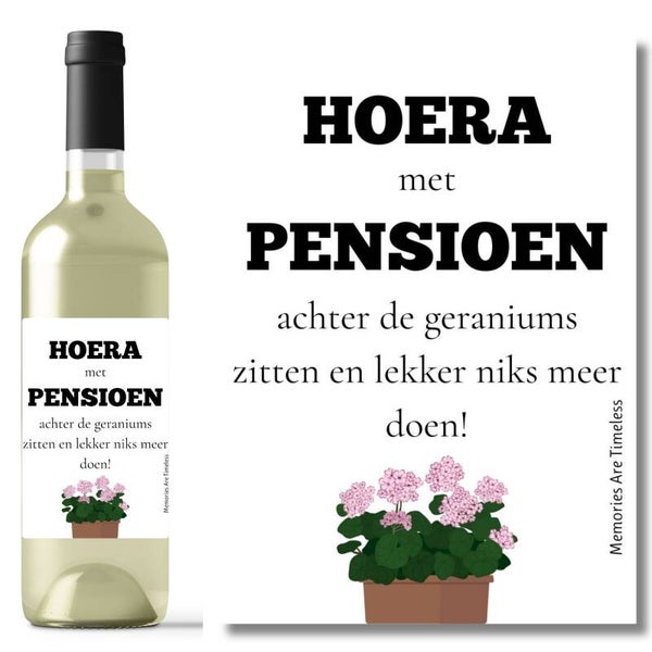 Wijnetiket Pensioen | Geraniums & Humor