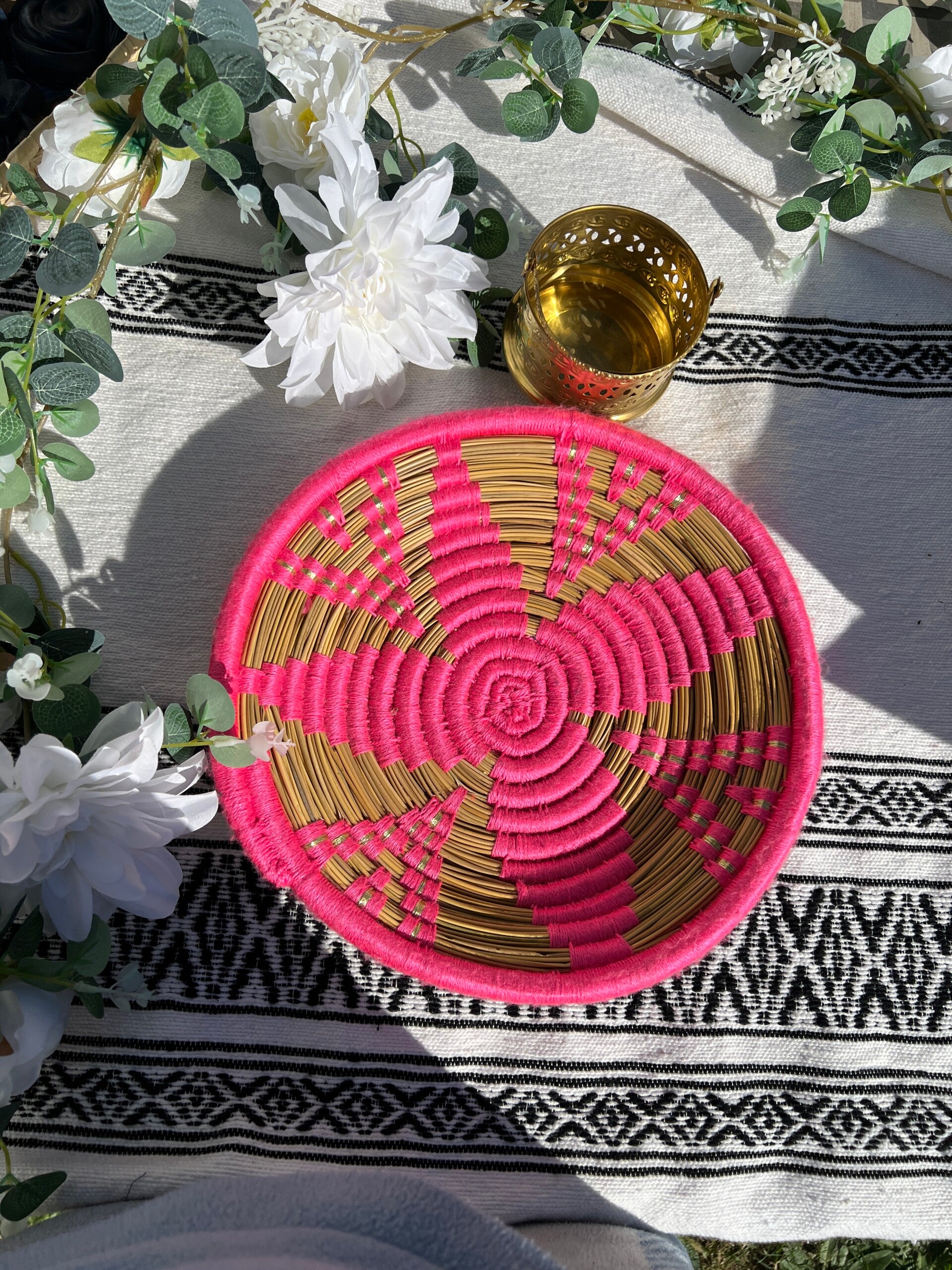 Panier rotin et laine Rose