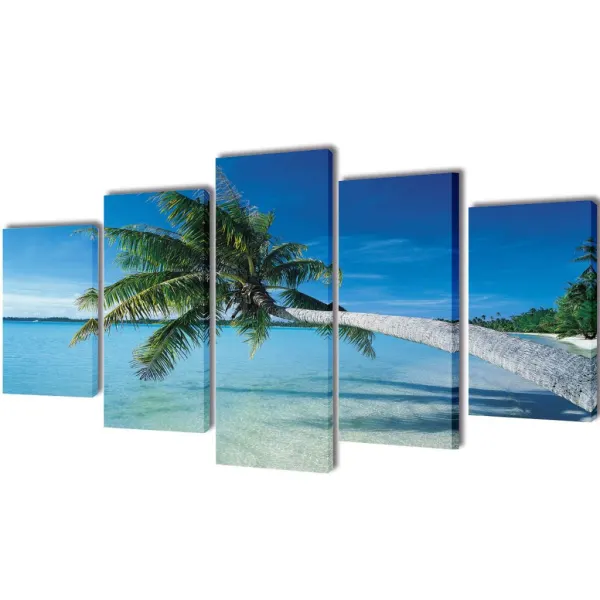 Canvas Wandprint Set Zandstrand met Palmboom 200 x 100 cm