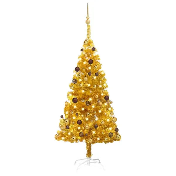 Kunstkerstboom met verlichting en ballenset goud 150 cm PET