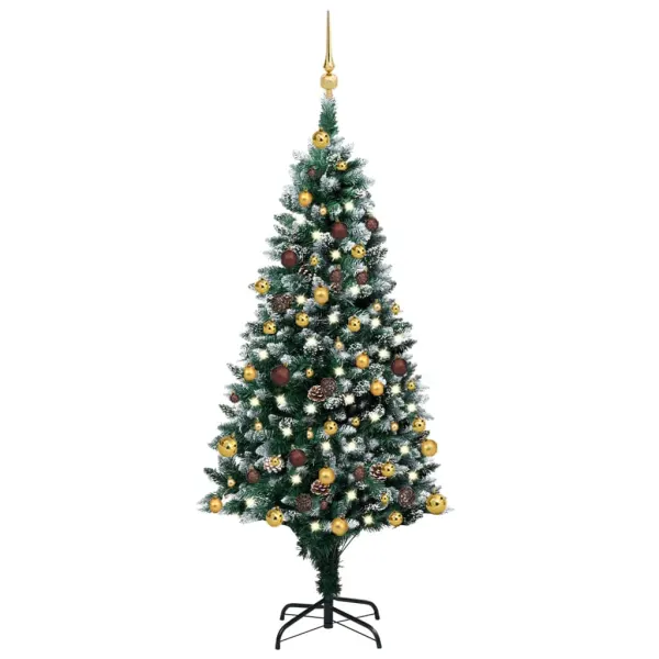 Kunstkerstboom met verlichting, ballenset en dennenappels 150 cm
