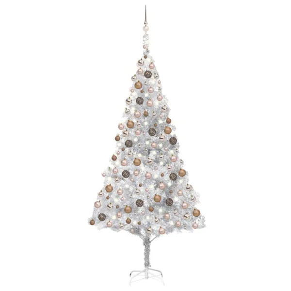 Kunstkerstboom met verlichting en ballenset zilver 240 cm PET
