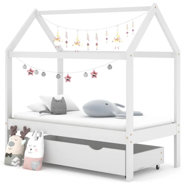 Kinderbedframe met lade wit massief grenenhout 70x140 cm