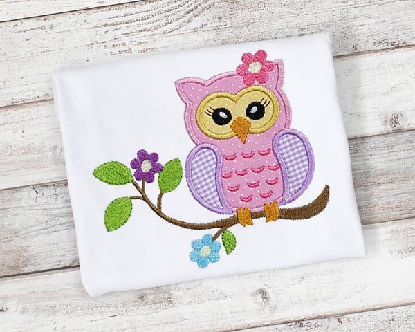 Owl on Tree Branch and Flowers, Girls Shirt or Bodysuit