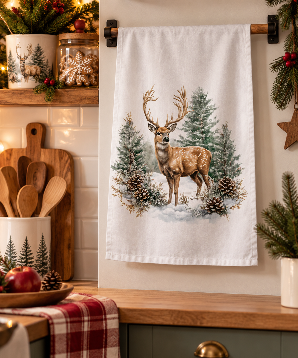 Kitchen towel Winter stag white