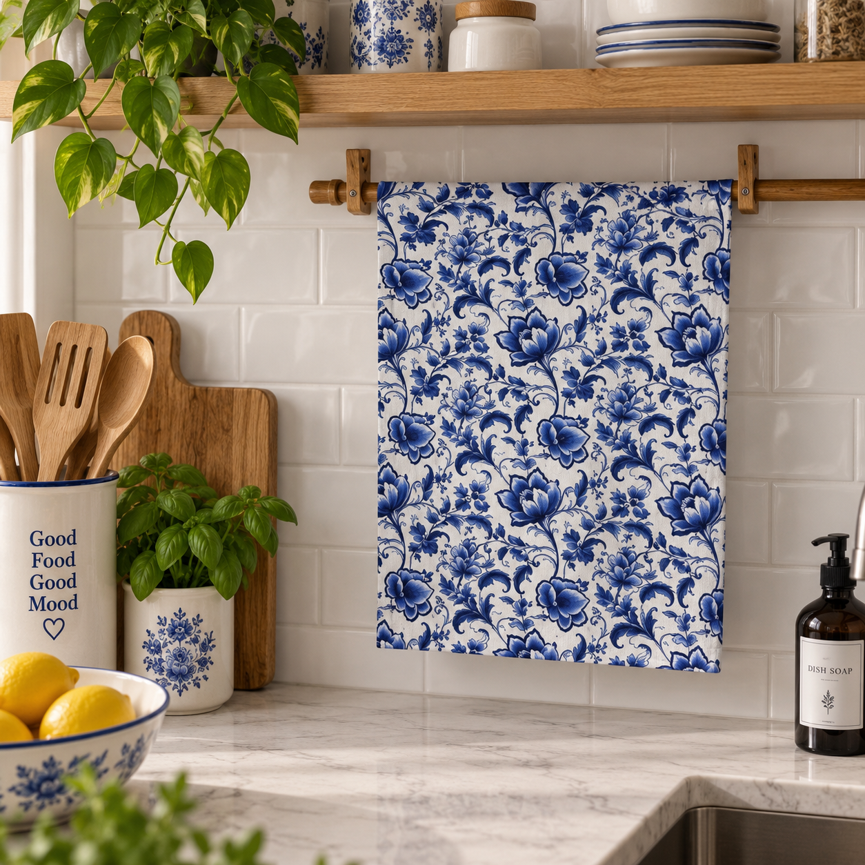 Kitchen towel Delft Blue florals
