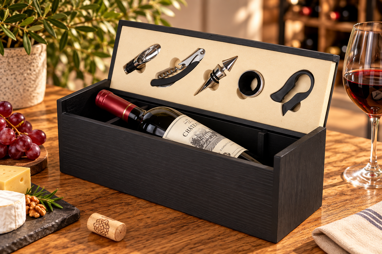 VINO SET 6 MDF INOX 36.5X11.5X12 NEGRO