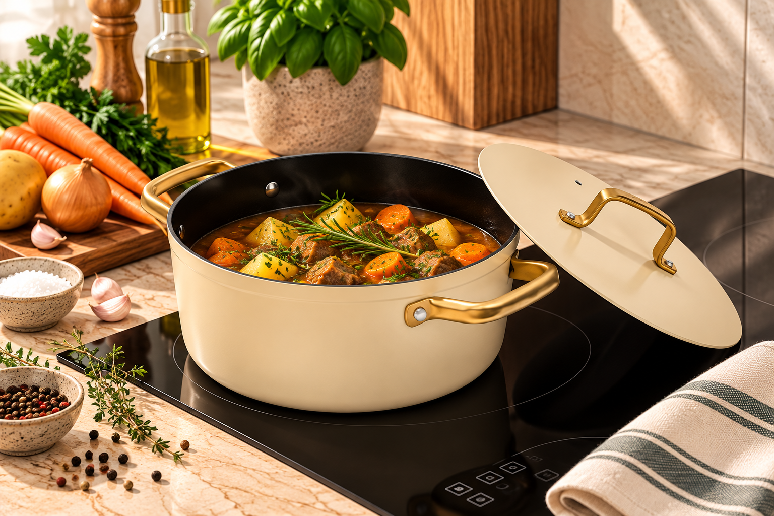 CACEROLA 24 CM ALUMINIO FORJADO ICONIC BEIGE. FULL INDUCTION