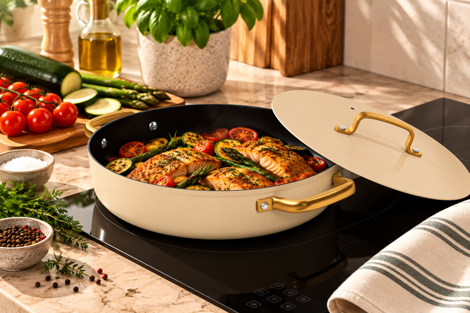 CACEROLA BAJA 28 CM ALUMINIO FORJADO ICONIC BEIGE. FULL INDUCTION