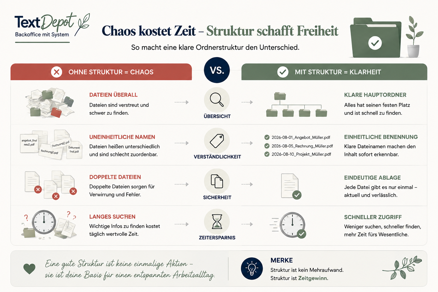 Grafische Darstellung einer einfachen Ordnerstruktur mit Haupt- und Unterordnern. Veranschaulicht, wie Selbstständige ihre Dateien übersichtlich organisieren können.