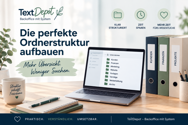 Selbstständige organisiert ihre digitale Ordnerstruktur am Schreibtisch. Symbolbild für eine übersichtliche digitale Ablage und den Aufbau einer einfachen Ordnerstruktur.