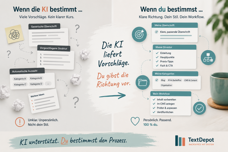 Grafik zur Kontrolle KI-generierter Inhalte im CMS mit Fokus auf Fakten, Links, Namen, Zahlen und Formatierungen.