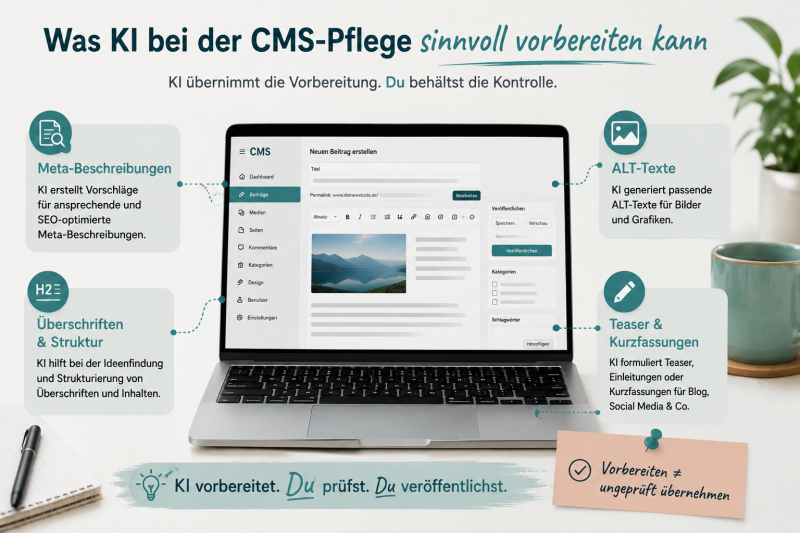 Digitale Contentpflege mit CMS und KI-Unterstützung für Meta-Beschreibungen, ALT-Texte, Überschriften und strukturierte Blogartikel.