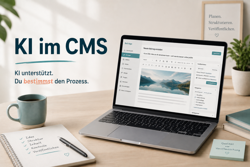 Laptop mit geöffnetem CMS als Symbol für die strukturierte Contentpflege mit KI-Unterstützung und manueller Kontrolle.