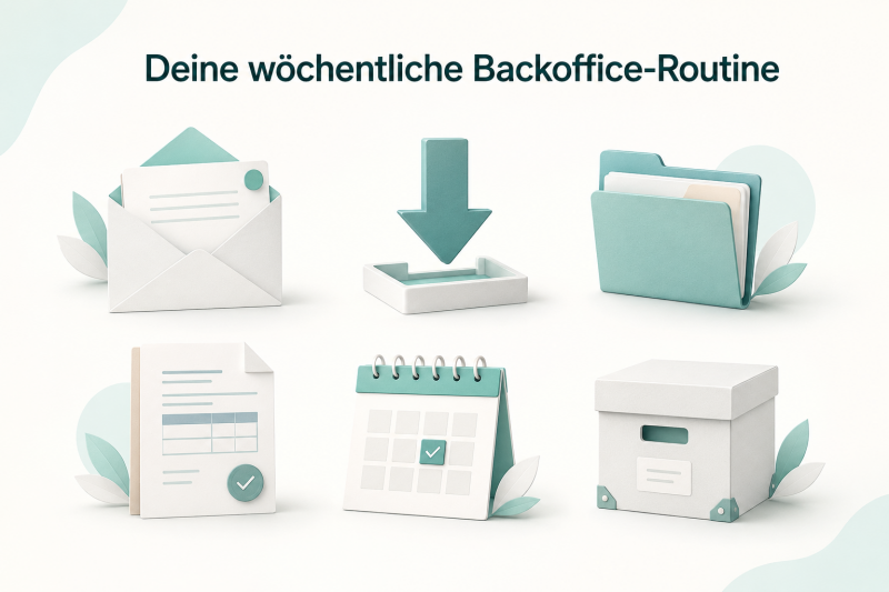 Sechs Symbole für die wöchentliche Backoffice-Routine: E-Mail, Download, Ordner, Geschäftsdokument, Kalender und Archivbox.