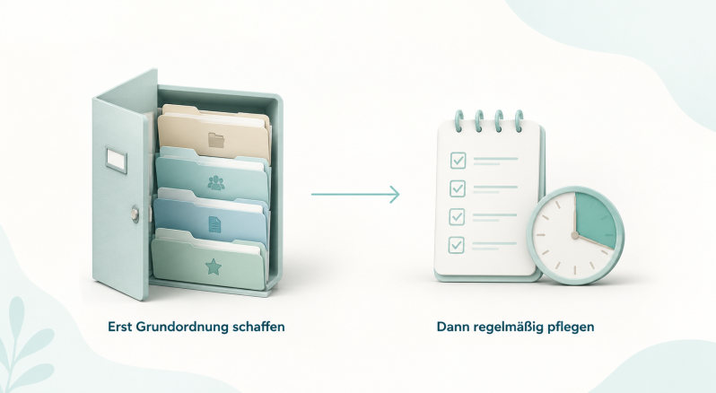 Geordnete digitale Ordnerstruktur mit Pfeil zu einer Checkliste und Uhr: erst Grundordnung schaffen, dann regelmäßig pflegen.