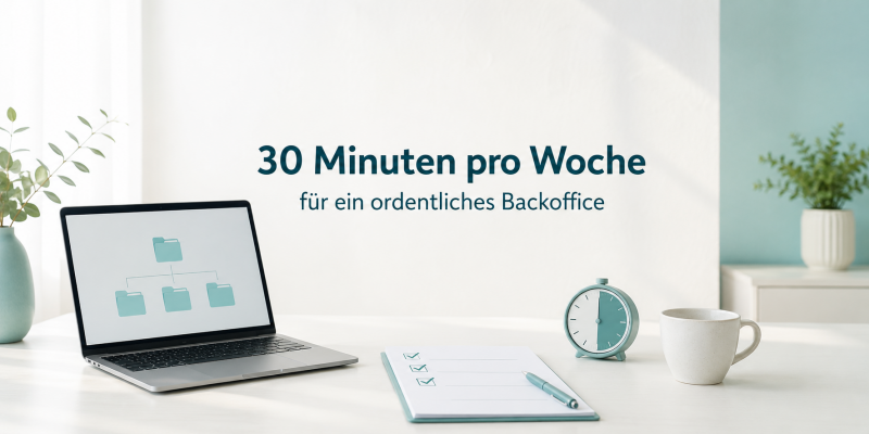 Heller Arbeitsplatz mit Laptop, digitaler Ordnerstruktur, Checkliste, Uhr und Tasse zur 30-Minuten-Backoffice-Routine.
