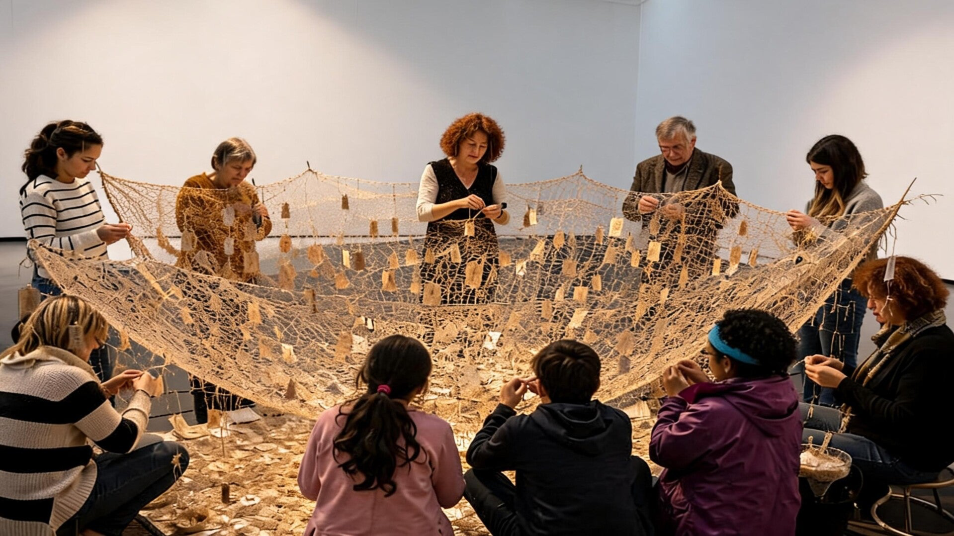 Participants of different generations collectively working on WeltenBürgerNetz, a participatory Social sculpture by Renate Helene Schweizer, Karlsruhe