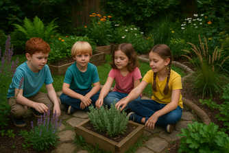 Enfants autistes explorant un jardin sensoriel inclusif