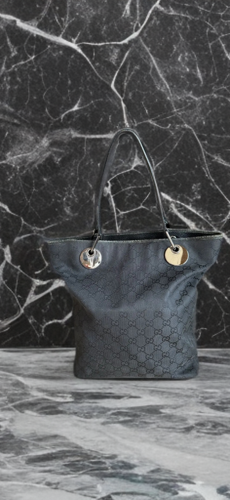 Gucci Canvas GG Logo Black Bucket Bag w/ C.O.A