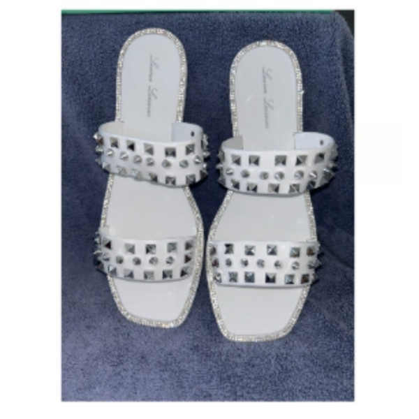 Lauren Lorraine Studly White Jelly Rhinestone Studded Slide Sandals