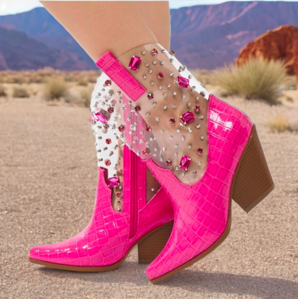 Cape Robbin Hot Pink Croc-Embossed Gemstone Western Booties SZ 10