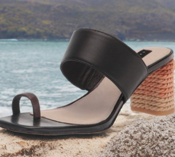 NWT Sanctuary Black Leather Sandals with Moca Leather Toe Strap with Woven Heel