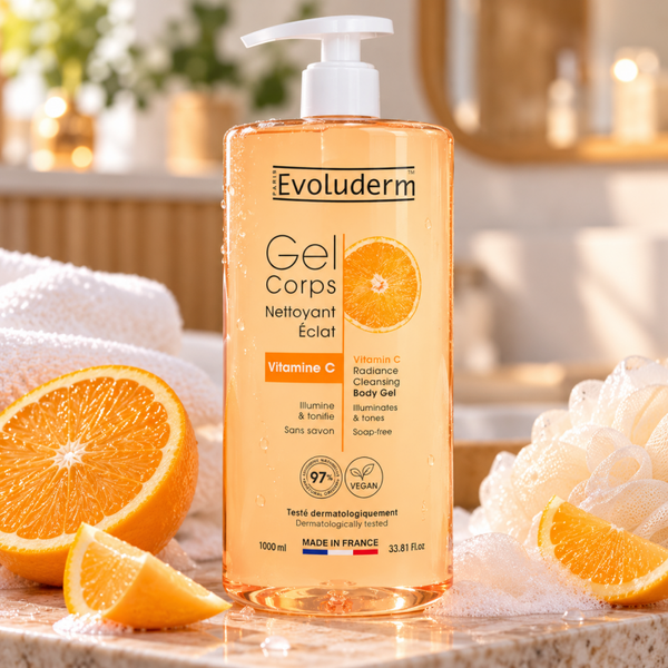 Gel Corps Nettoyant Éclat Vitamine C - 1000 ml - 97% d'Ingrédients d'Origine Naturelle