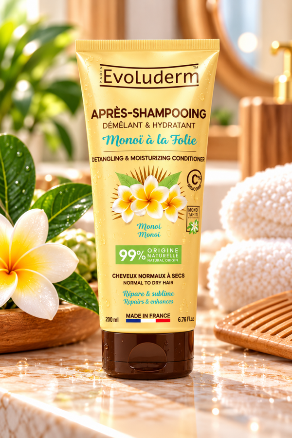 Après-Shampoing Démêlant & Hydratant Monoï à la Folie - 200ml - 99% d'Ingrédients d'Origine Naturelle