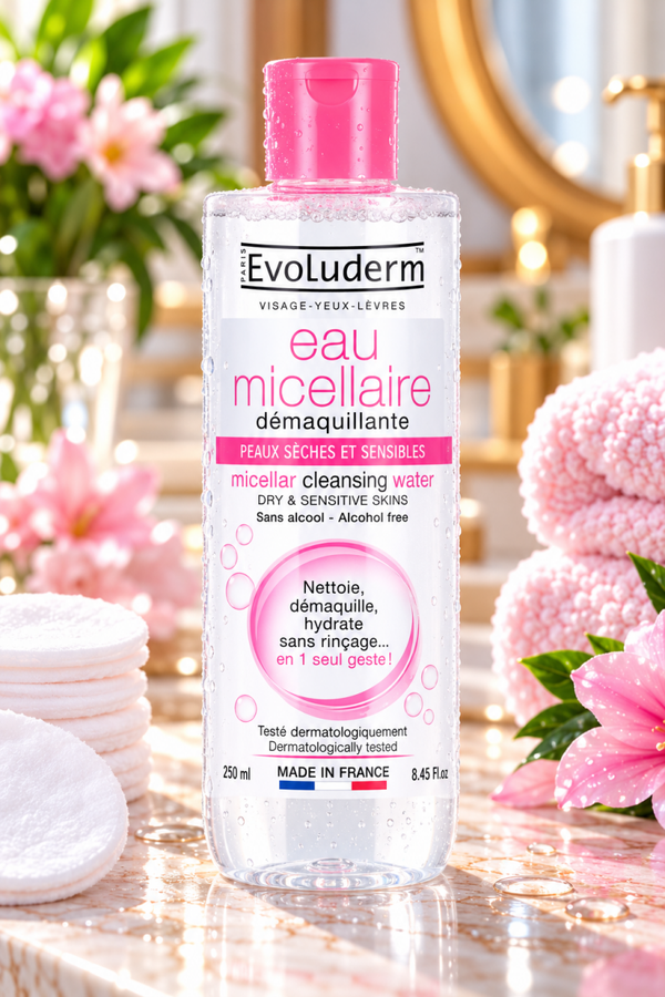 Eau Micellaire Démaquillante Peaux Sèches & Sensibles - 250ml - 93% d'Ingrédients d'Origine Naturelle