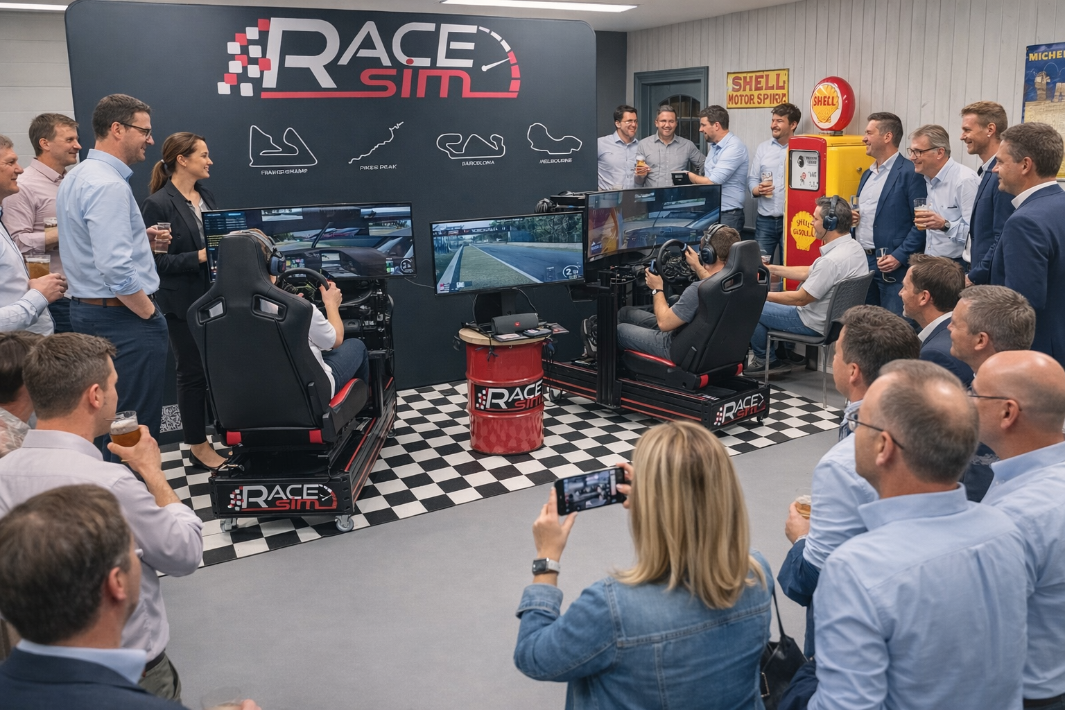 Illustratie van het RACE-SIM concept: twee racesimulatoren en een gezellige animatie op een evenement