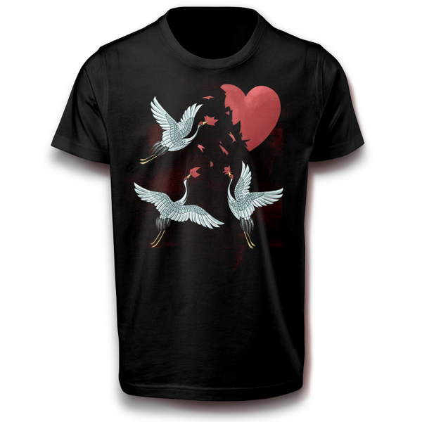 Herz der Kran Vögel Liebe T-Shirt 110 - 3XL schwarz Baumwolle Spaß Lustig Geschenkidee
