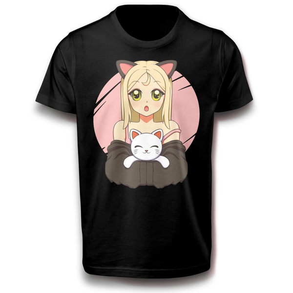 Anime Mädchen mit Katze T-Shirt 122-3XL 100% Baumwolle Japan Spaß Lustig