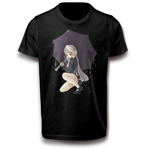Anime Gothic Mädchen unter dem Regenschirm T-Shirt 122 - 3XL Baumwolle Japan wasser tropfen Regen