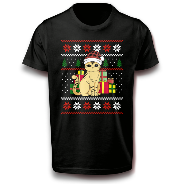 Weihnachtskatze Weihnachten Pullover Design T-Shirt schwarz 110 - 3XL Baumwolle Fun Katze Winter