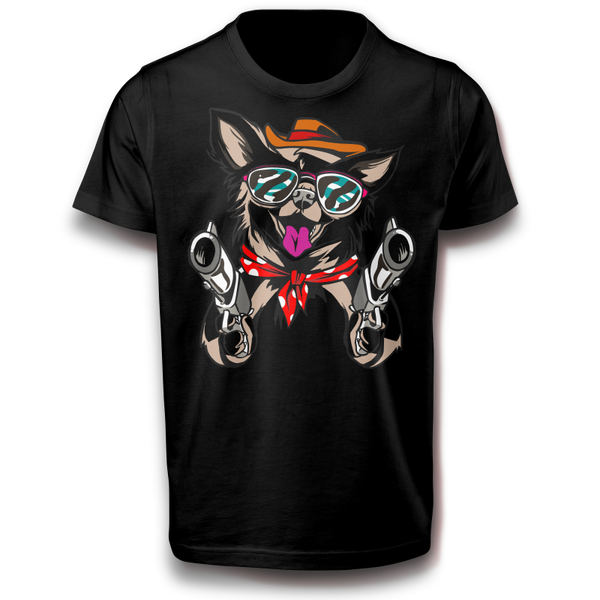 Chihuahua Hund Cowboy in Western art mit Revolver Fun T-Shirt 122-3XL Baumwolle Spaß Lustig Geschenkidee
