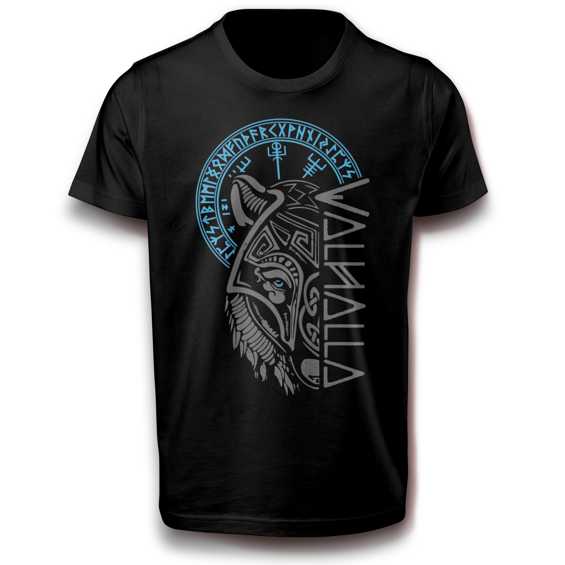 Stärke-Ehre T-Shirt „VALHALLA Wolf“ Nordisches Wolfsmotiv mit Runen und blauen Akzenten