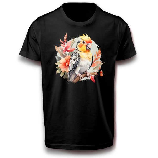 Aquarell Papagei T-Shirt - Tropischer Vogel mit Blumen - Baumwolle