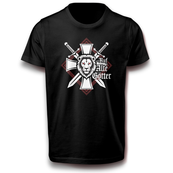 Mythologie T-Shirt mit Löwen „Ruf Alte Götter" Starker Löwe Krieger Shirt