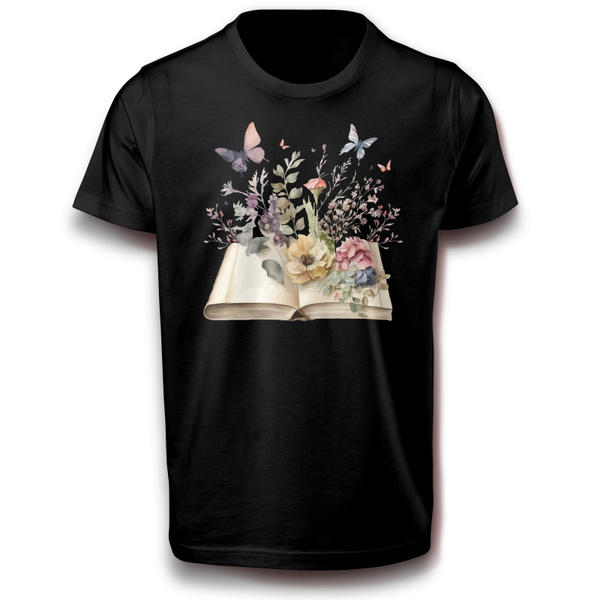 Offenes Buch mit Blumen Magie Magisch Schmetterling Schmetterlinge Insekten Blume Natur T-Shirt 122 - 3XL Baumwolle