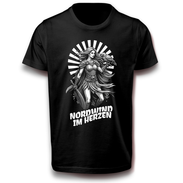 Nordwind im Herzen T-Shirt Nordische Kriegerin mit Rabe - Wikinger Design