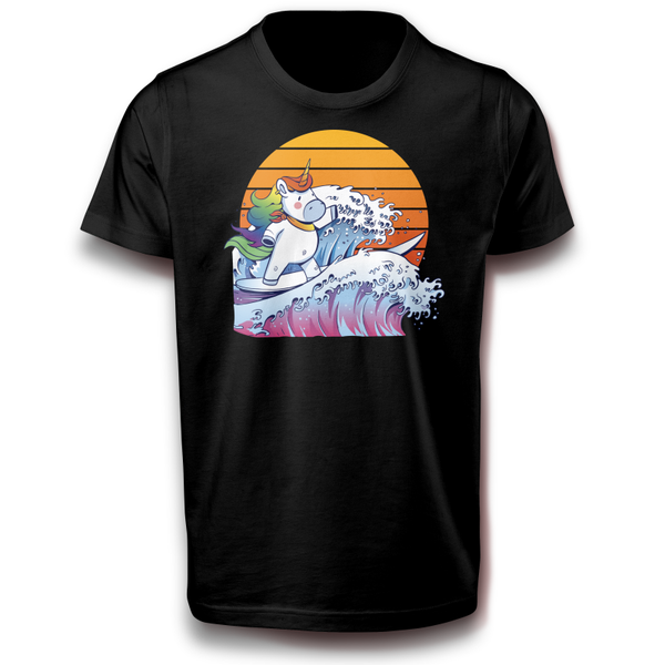 Einhorn am Wellenreiten Athlet Fabelwesen Retro sport Surfen Wassersport T-Shirt 122 - 3XL Baumwolle Surfbrett Wasser