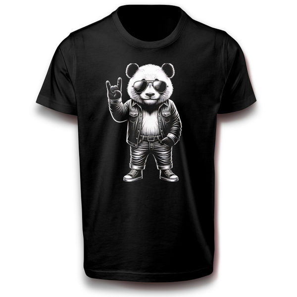 Panda mit Lederjacke Sonnenbrille T-Shirt „Rocker Panda“