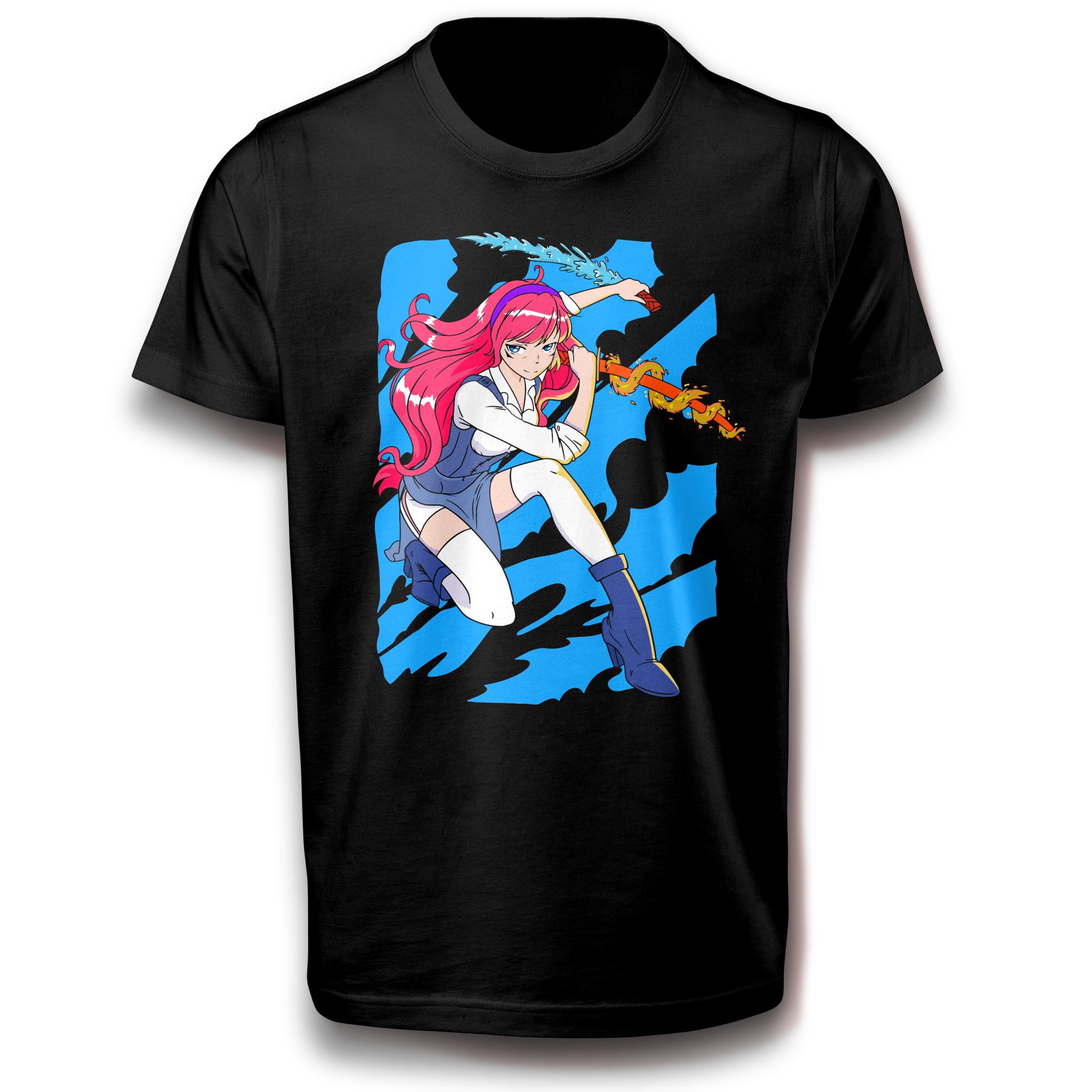 Anime Mädchen Feuer & Wasser Schwert Japan Streitkräfte T-Shirt 122 - 3XL Baumwolle